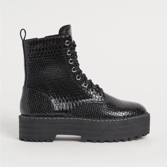 H&M Shoes - H&M Black Snakeskin Platform Combat Boots, size 6  US Womens Zip Divided NEW